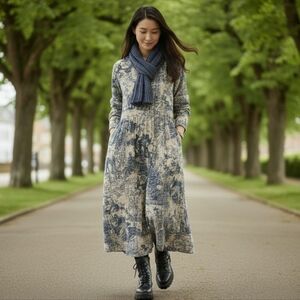 BUYKUD Lagenlook Blue Toile Elephant Cotton Tunic Dress Pockets M